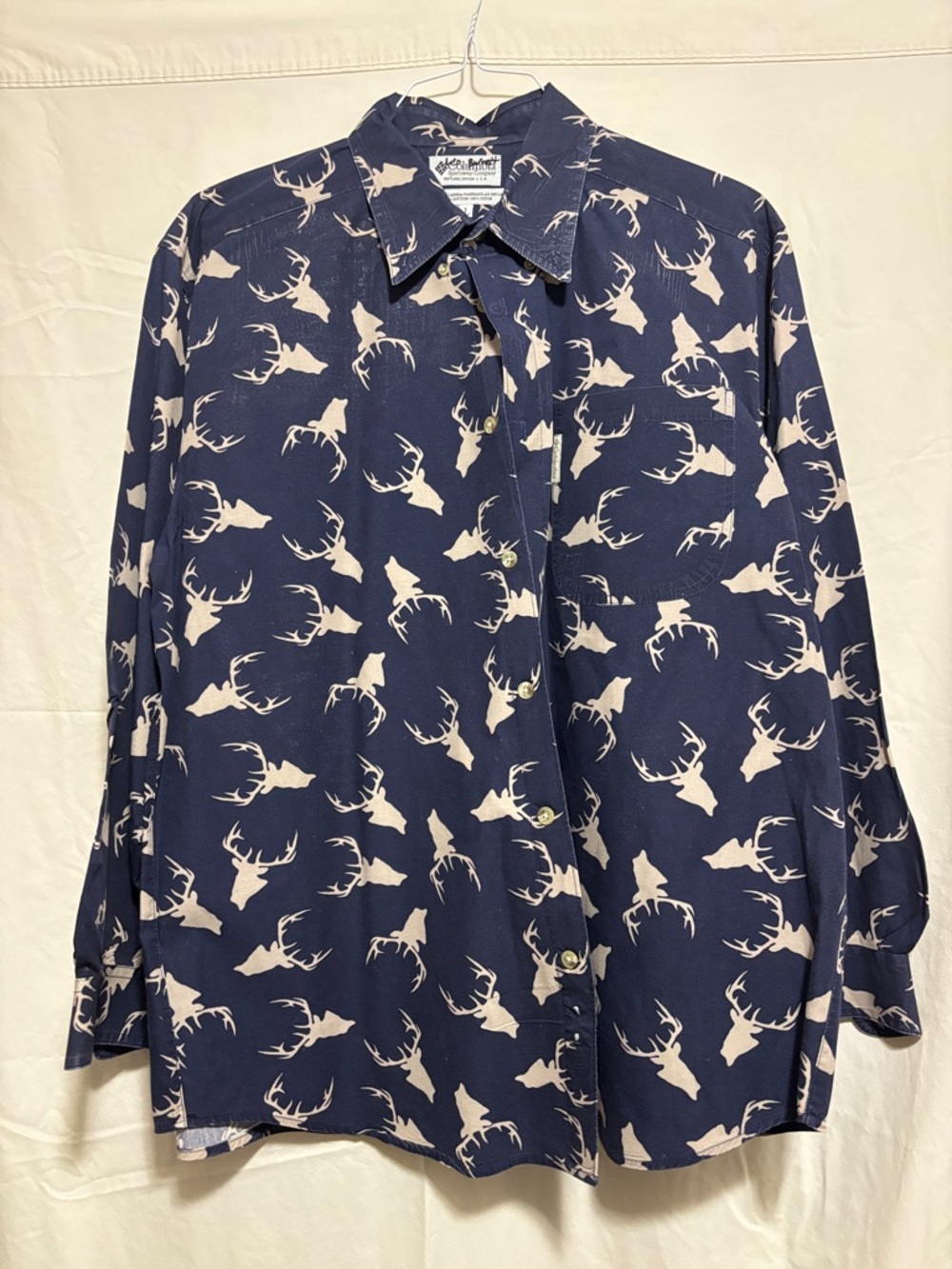 Columbia Men’s Navy Blue Shirt with Cream Deer Head Print Large